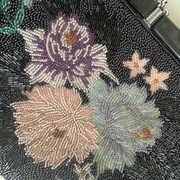 Vintage Black Floral Beaded Evening Bag Retro Glam 1950s Art Deco Collectible - Picture 2 of 8